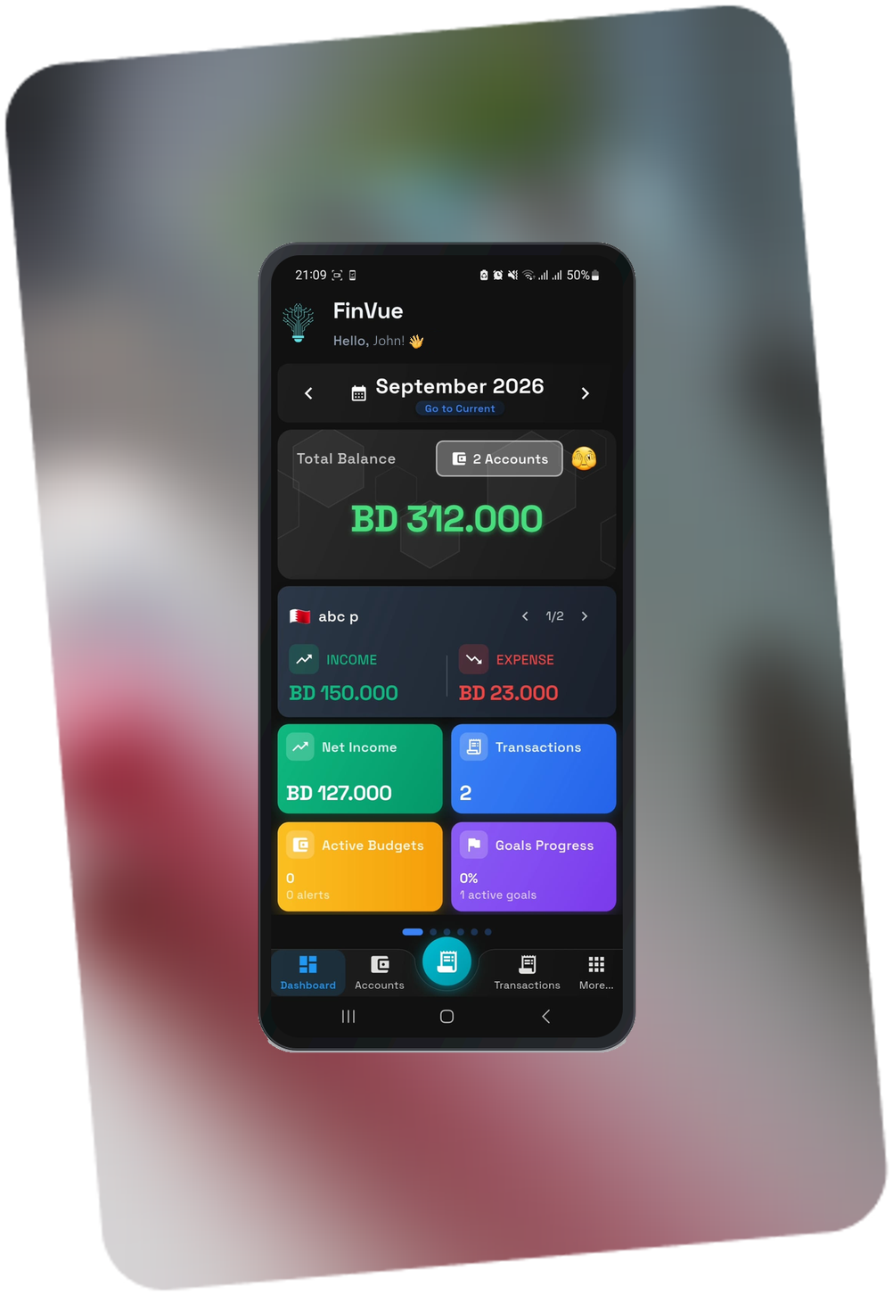 FinVue personal finance app on a phone