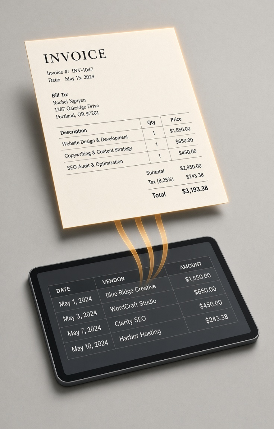 An invoice turning into a spreadsheet through warm light